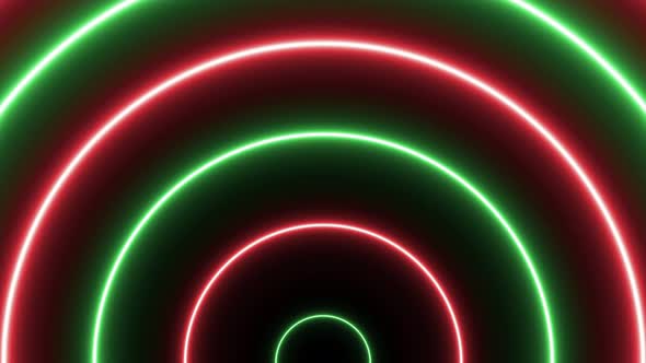 Animation of futuristic tunnel with red and green rising neon light halves of circles