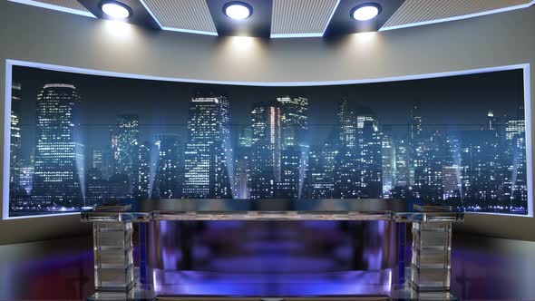 3D Virtual News Studio With Night City Background And Floodlights Loop 2