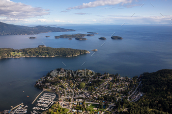 land with Vancouver in Background. Taken in Sunshine Coast, British Columbia, Canada, from an Aerial Perspective.