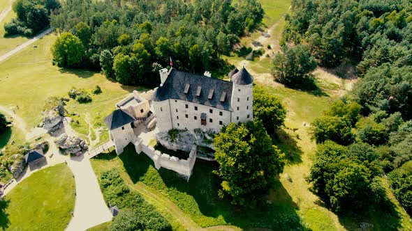 Morning aerial view on the medieval royal castle Bobolice. Poland. High quality 4k footage