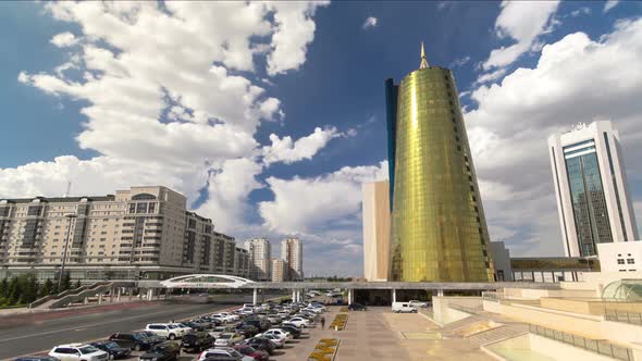 Traffic on the Road and Car Parking Timelapse Hyperlapse Near Altyn Orda Business Center in Downtown