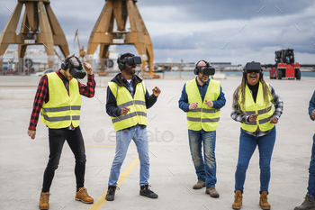  reality headsets at Freight Terminal Port – Focus on center men goggles