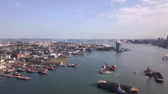 Aerial Drone Shot Of Industrial Port In East Boston, Massachusetts On A Brilliant Day