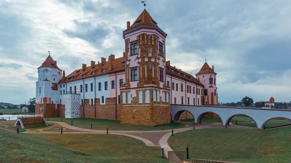 Old Castle in the Town Mir of Belarus Under the Clouds