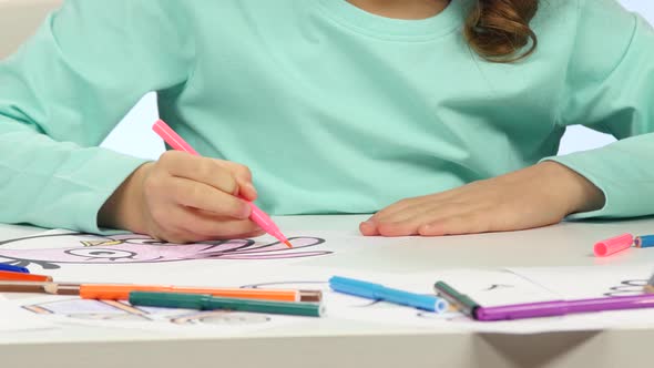 Little Girl Paints Pencils with Pictures of Animals. Close Up alt