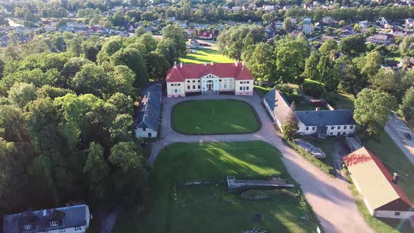Aerial View of the  Durbe Manor Castle, Tukums, Latvia. Old Mansion of Former Russian Empire. 