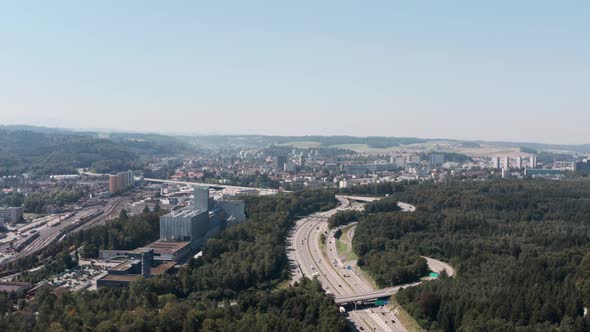 Drone shot over Swiss highway 1 outside Bern