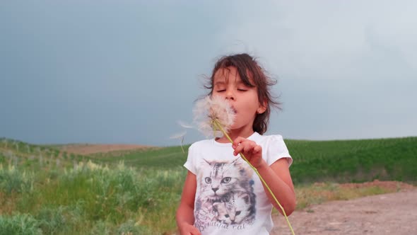 Girl in White Shirt is Blowing on a Big Dandelion