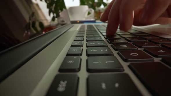 Female Hands Press Keys on Laptop. Sliding Macro Shot. Cup of Coffe and Apple on Background. 