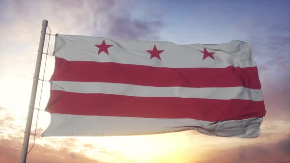 District of Columbia Flag Waving in the Wind Sky and Sun Background