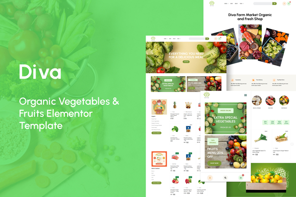 Diva - Organic Vegetables & Fruits Elementor Template Kit