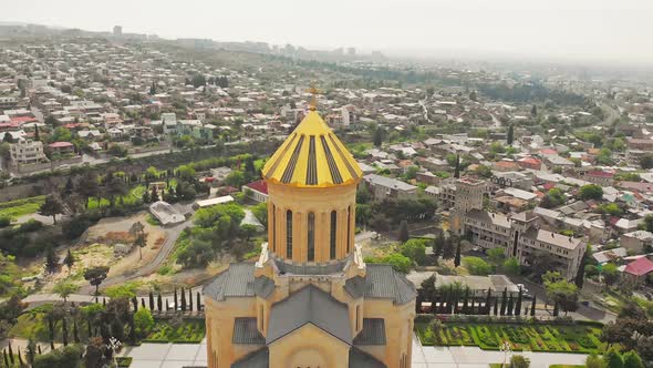 Aerial Tilt Down View Of Beautiful Orthodox Cathedral Architecture