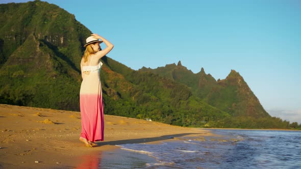 Slow Motion Cinematic View Traveler Woman Walking Golden Sunrise Hawaii Nature