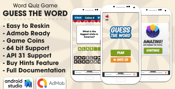 Guess The Word - Word Quiz Game Android Studio Project with AdMob Ads + Ready to Publish