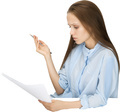 a woman reading a piece of paper while looking at her cell phone - PhotoDune Item for Sale