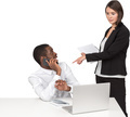 a man sitting at a desk talking on a cell phone and a woman standing next - PhotoDune Item for Sale