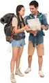 a man and a woman with backpacks looking at a map - PhotoDune Item for Sale