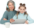 a woman and a child wearing headphones looking at a tablet - PhotoDune Item for Sale