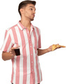 a man in a pink and white striped shirt eating pizza and holding a drink - PhotoDune Item for Sale