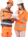 a man and woman in orange safety gear looking at a piece of paper - PhotoDune Item for Sale