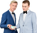 two models in blue tuxedos looking at a tiny gift in a box - PhotoDune Item for Sale