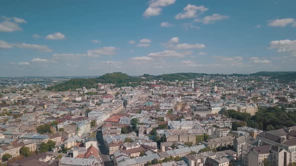 Aerial City Lviv, Ukraine. European City. Central Part of Old European City