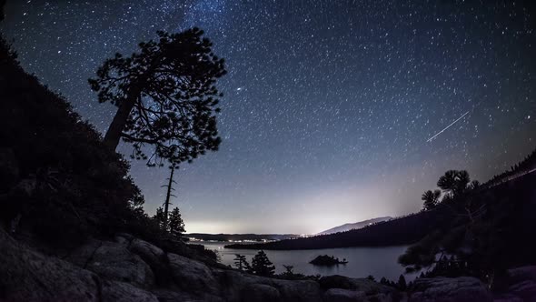 Timelapse shot of the night sky over Emerald Bay, Nevada.