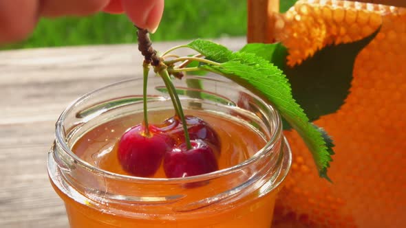 Cherry Twig Is Dipped Into Fresh Honey in a Glass Jar 