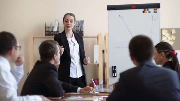 Businesswoman Shows on Whiteboard Employees Charts the Success of the Enterprise