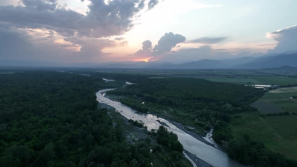 Flying over Alazani river at sunset. Kvareli, Georgia 2022 summer