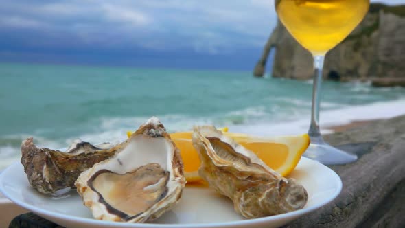 Plate Full of Fresh Oysters and Glass of White Wine