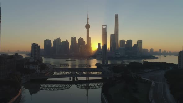 Shanghai Skyline at Sunrise. Aerial View