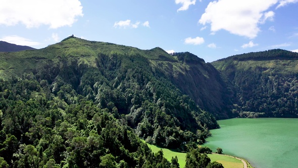 A lake in the crater of volcano. Sao Miguel island, Portugal.Aerial view of volcanic landscapes.