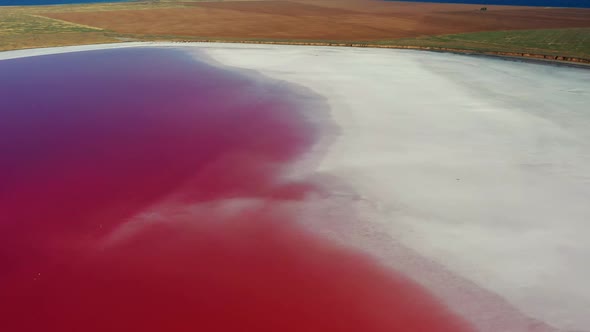 Beautiful top view of the salty, pink lake. Beautiful pink sunrise.