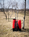 Red sprayer in spring garden - PhotoDune Item for Sale