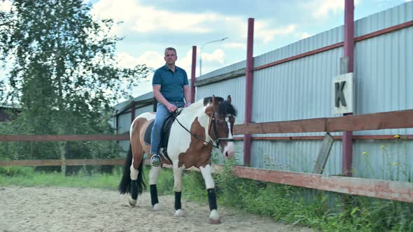 adult man practices horseback riding in a special paddock