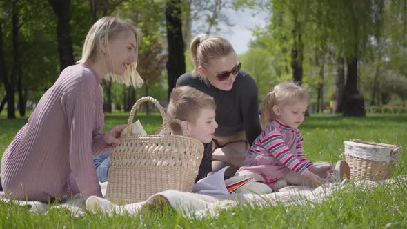 Portrait Cute Family Outdoor Recreation. Two Beautiful Young Mothers and Their Children at a Picnic