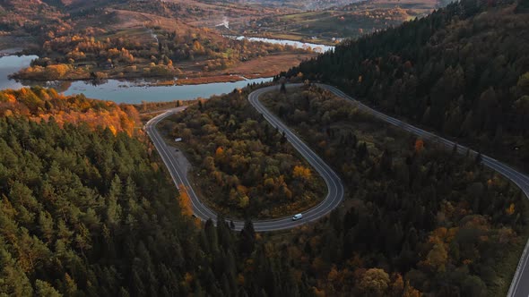 Aerial Drone View of Cargo Bus Moves Along a Serpentine Forest Mountain Road in Western Ukraine