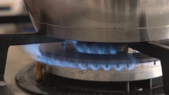 Closeup Shot of Blue Fire From Domestic Kitchen Stove