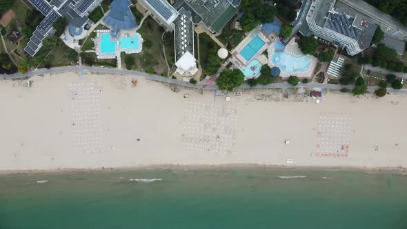 Aerial Drone View of Albena Empty Sandy Beach Resort Bulgaria