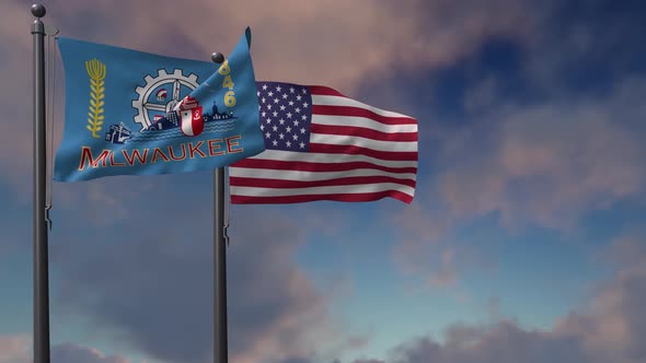 Milwaukee City Flag Waving Along With The National Flag Of The USA - 4K