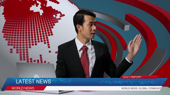 Live News Studio With Asian Professional Male Anchor Reporting On The Events Of The Day