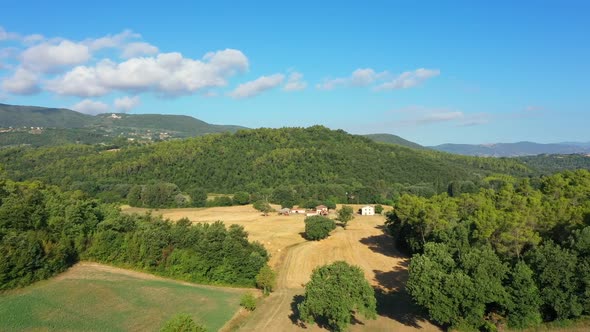 Farmland. Aerial Drone view of scenic landscape on Sunny day.