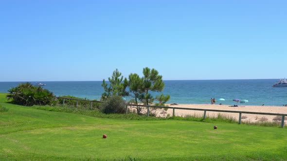 View of a Green Grass Field and a Sandy Beach in the Background with a Yatch in the Ocean