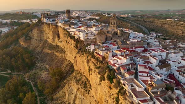 Camera Rises Over Arcos De La Frontera Andalucia Spain at Sunset