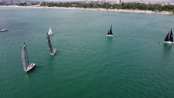 Aerial View of Sailing Yachts Regatta Race on Sea Near Varna in Bulgaria Black Sea