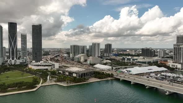 Aerial Rising Reveal Downtown Miami Fl Usa