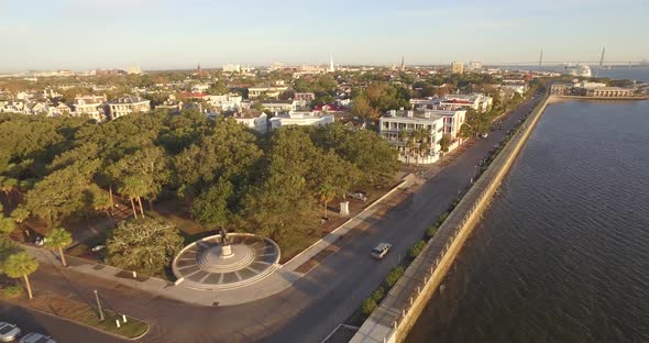 Aerial of White Point Garden and the Battery in Charleston, SC