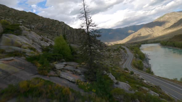 Aerial View Picturesque Scenery Mountain Sunny Valley Minibus Riding Highway Near River Exploration