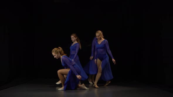 Four Young Pretty Ballerinas Are Dancing Elements of Modern Ballet